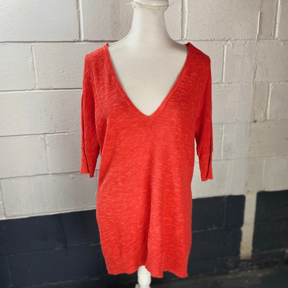 Eileen Fisher Knit V-Neck Top Tee Orange Small - Picture 3 of 8